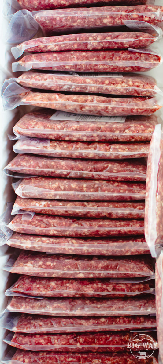Stack of ground beef local flat packs